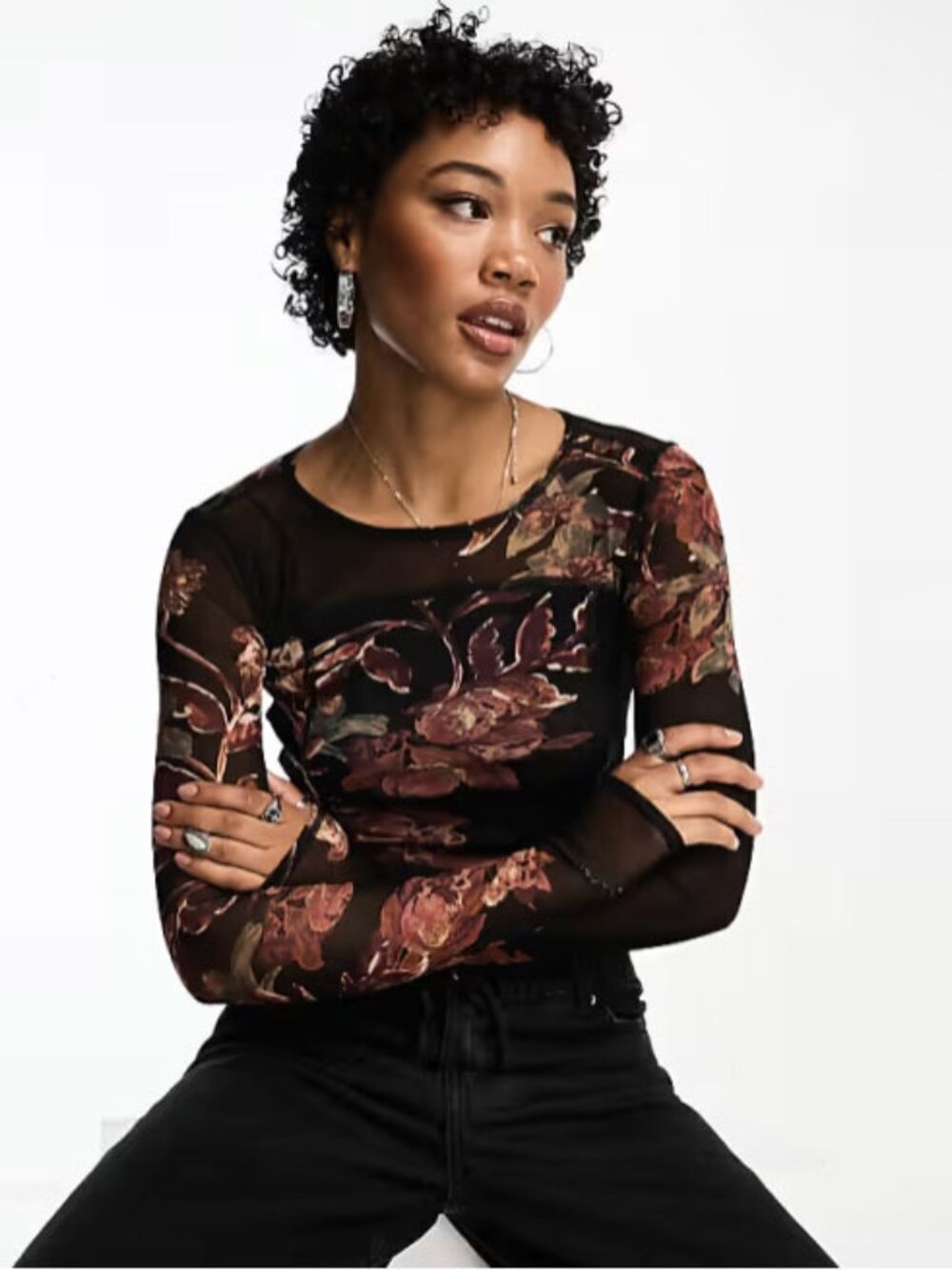 Free People Floral Printed Mesh Long Sleeve Top in Black Combo